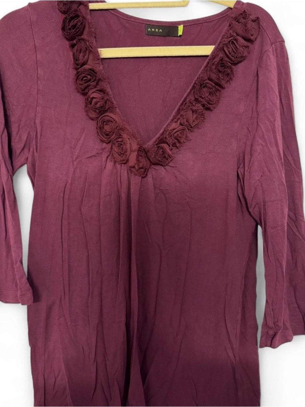 AREA Long-Sleeve V-Neck Top with Rose Trim — Plum
